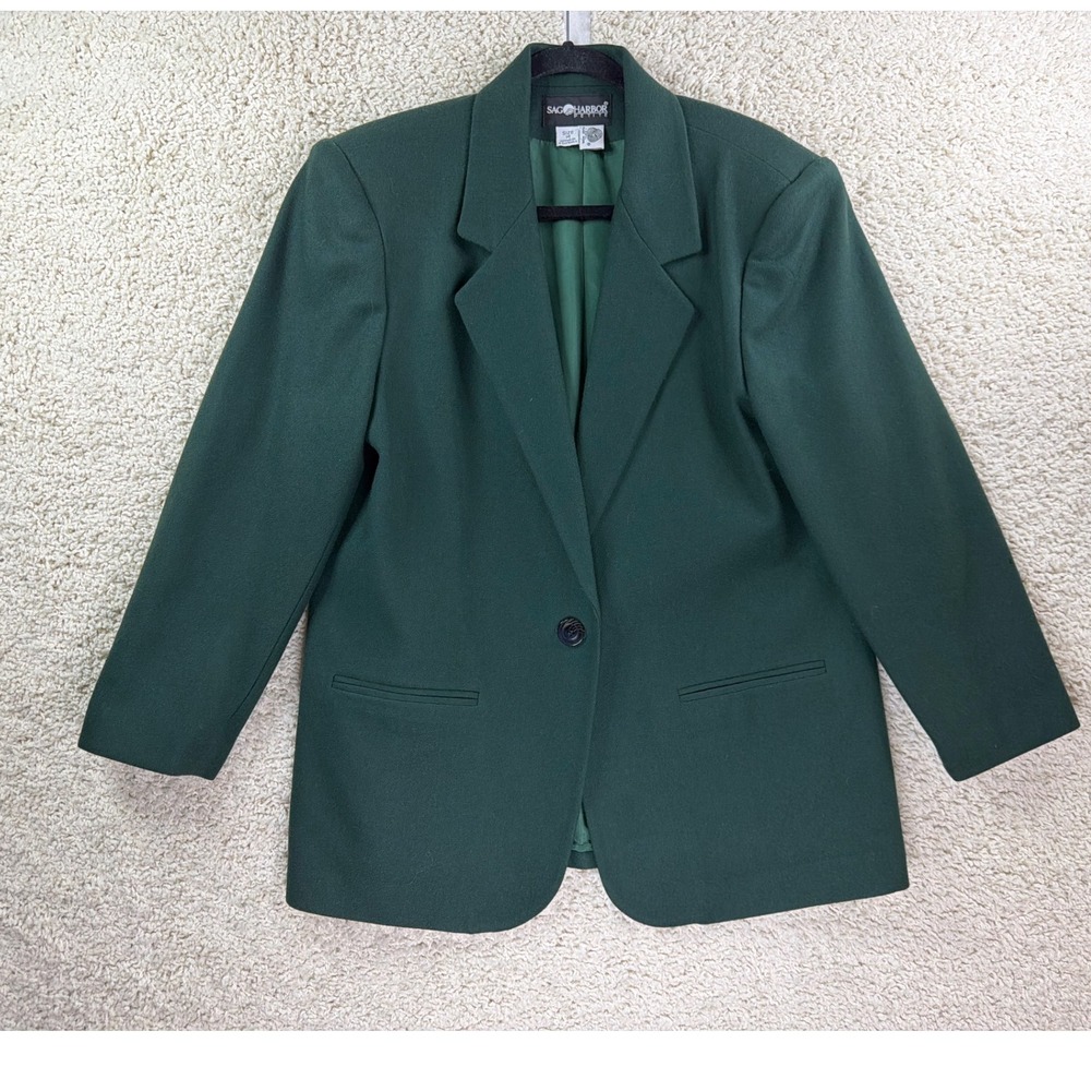 Sag Harbor Wool Blazer Women 14P Green Excellent Single Button Petite Jacket